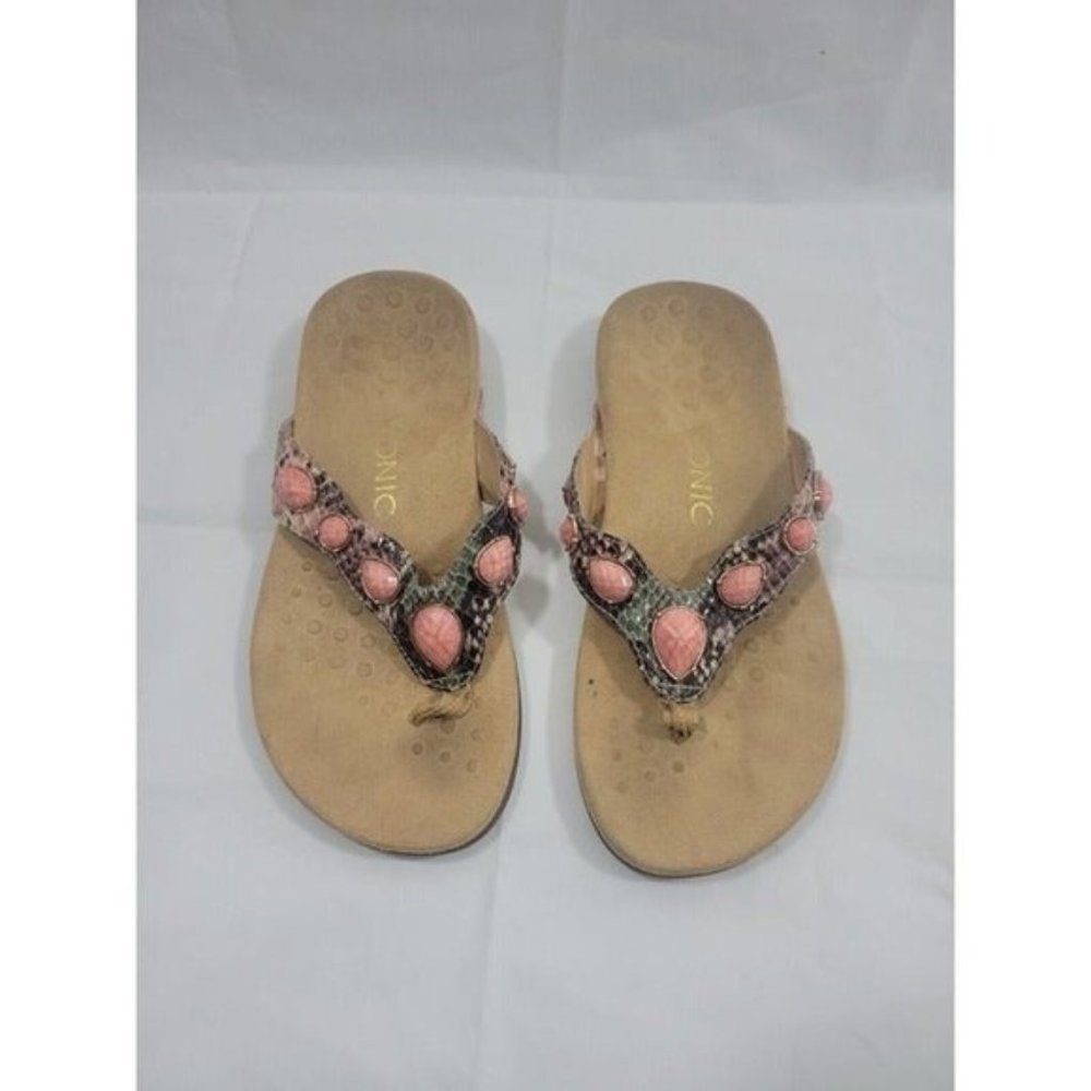 Vionic Women Size 6 Rest Eve II Thong Sandals Animal Print Jeweled Slip On Comfy